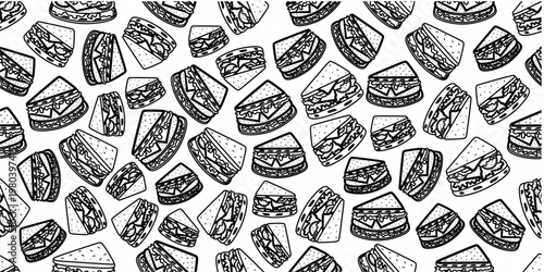 Sandwich sketch seamless pattern. Sandwich doodle pattern background. Seamless sandwich outline pattern background. Hand drawn vector seamless pattern of sandwiches.