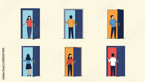 Various individuals of different genders and ages standing in open doorways against colorful backgrounds representing choice and opportunity.