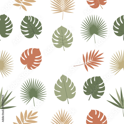 Abstract pattern of tropical leaves in muted earthy tones and greens