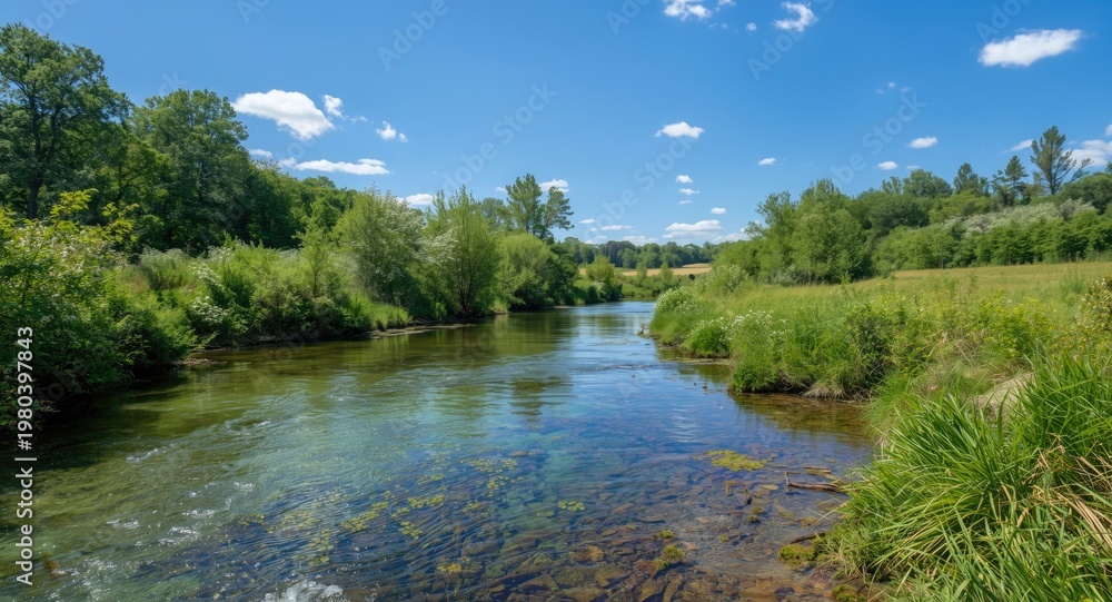 Fototapeta premium Vibrant summer landscape showcasing a clear river and lush vegetation under blue skies