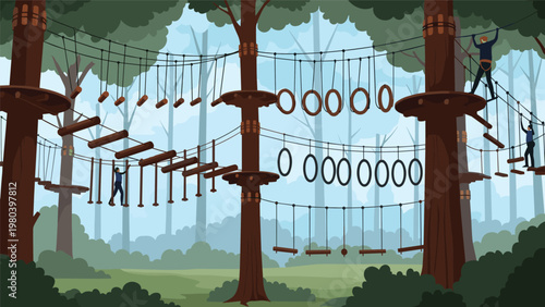 Adventurous group of people navigating various obstacles like wooden bridges and hanging rings on a high ropes course in a forest.