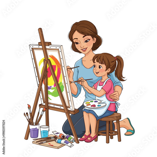 Woman and child painting a colorful abstract picture together on an easel