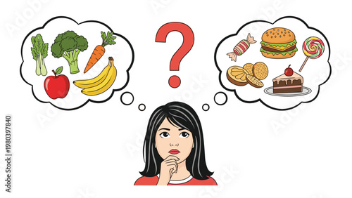 Thoughtful young girl deciding between a healthy choice of vegetables and fruit versus unhealthy junk food like burgers and cake.
