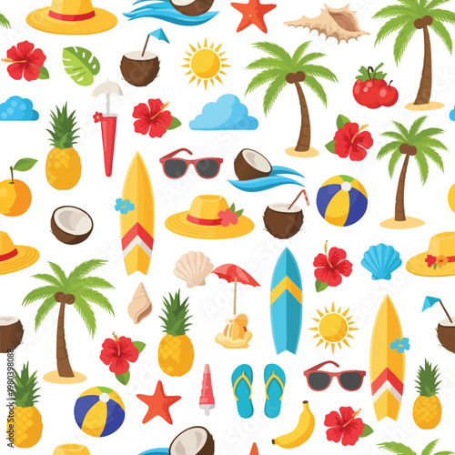 Lively summer beach vacation pattern with surfboards, hats, and coconuts
