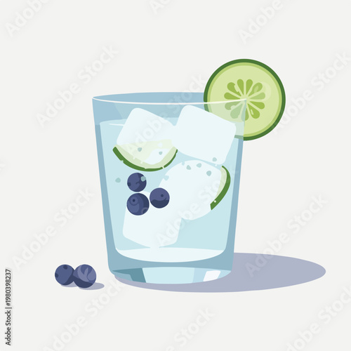 Refreshing Gin and Tonic Cocktail with Cucumber and Blueberries.