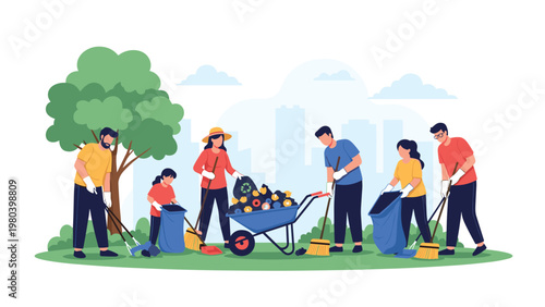 Group of diverse volunteers working together to clean up a city park by sweeping leaves and collecting trash into a wheelbarrow.
