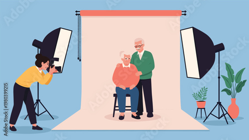 Professional female photographer captures a portrait of an elderly couple sitting in a studio equipped with lights and a backdrop.