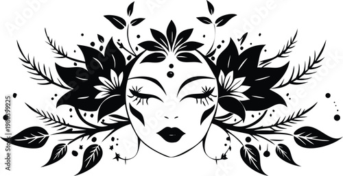Black silhouette of serene female face surrounded by leaves and flowers symmetrical floral design.