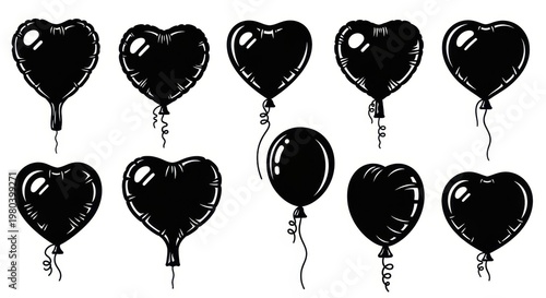 Black heart and round balloons for party decoration simple vector icons.