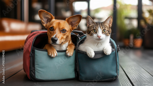 Curious dog curious cat pet carrier small dog domestic cat puppy kitten travel bag indoor cute pet companions relax together cozy pet carrier travel bag, small dog and domestic cat resting side by
