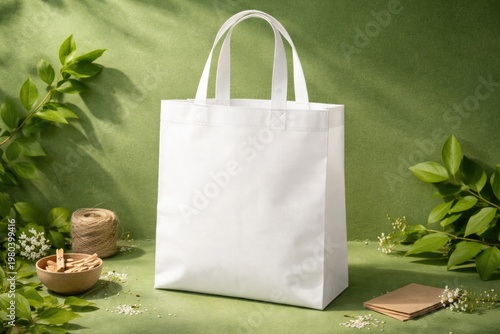 Reusable white tote bag mockup on green background highlighting eco friendly non woven fabric