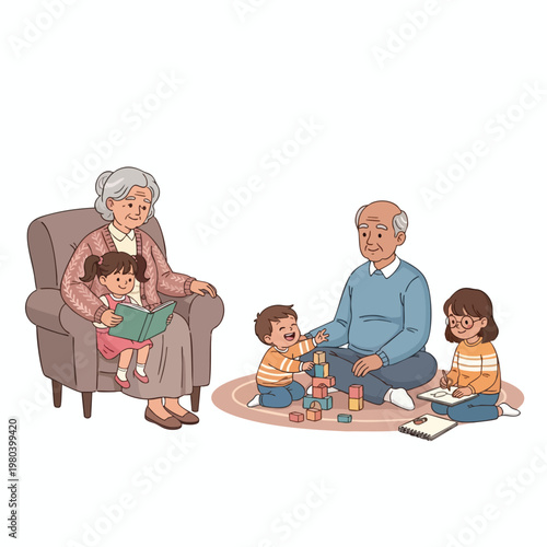 Grandparents engage with children reading, building, and drawing