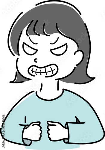 怒って嫌悪する女性 シンプル イラスト 激怒 トラブル 注意 NG 人物 ベクター / Angry woman intense emotion hate dislike warning trouble character vector