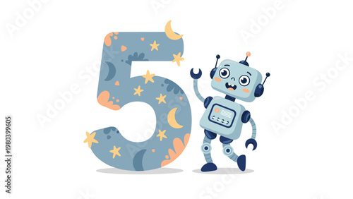 Cute blue robot standing happily next to a large number five decorated with a whimsical pattern of stars, moons, and orange shapes.