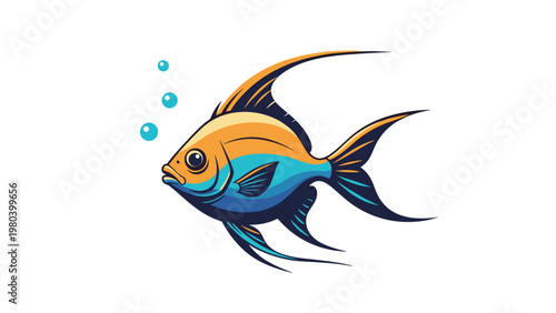 Beautifully detailed illustration of a colorful angelfish with long fins swimming in water with blue bubbles in a clean vector style.