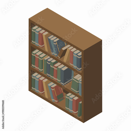 Isometric illustration of brown bookshelf with colorful books