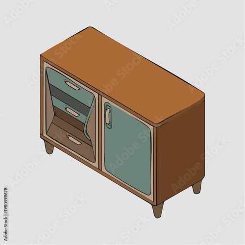 Brown and teal mid-century modern cabinet illustration