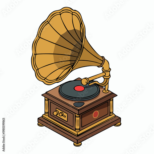 Vintage cartoon gramophone illustration with horn and wooden base