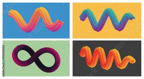 Abstract 3d wavy lines with vibrant gradient colors set against four different backgrounds.