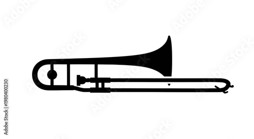 Black silhouette of a trombone musical instrument on a white background.