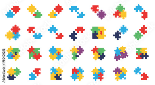 Colorful Puzzle Pieces Assembled and Disconnected on White Background