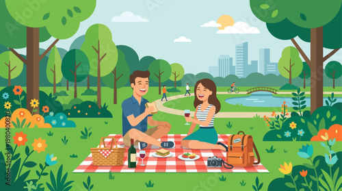 A charming flat design illustration of a traveling couple having a delightful picnic in a beautiful park, enjoying each other's company and nature. This image represents leisure and romantic moments