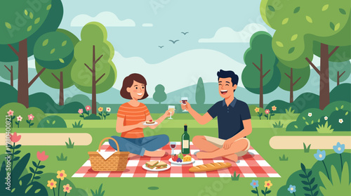 A charming flat design illustration of a traveling couple having a delightful picnic in a beautiful park, enjoying each other's company and nature. This image represents leisure and romantic moments