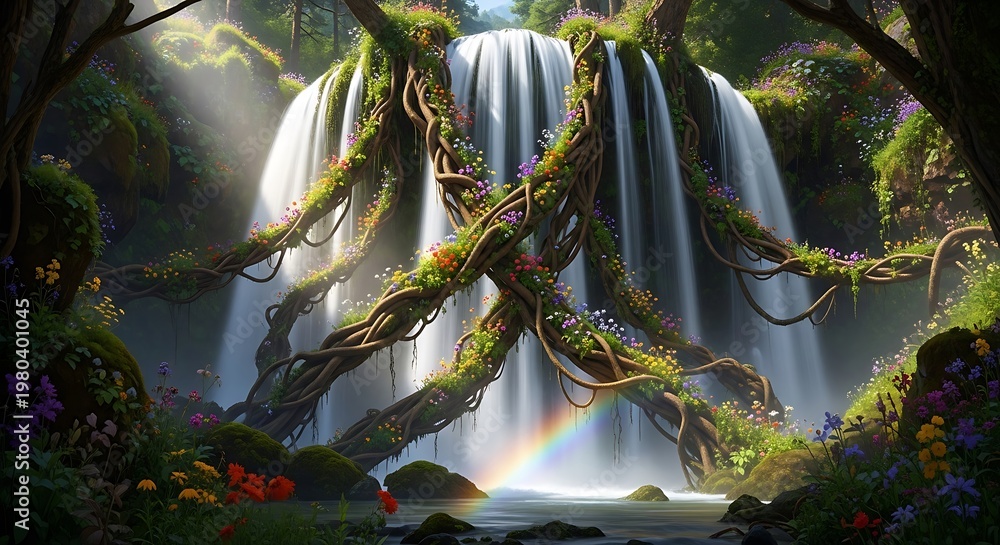 Fototapeta premium Lush tropical waterfall scene with thick vines, sunbeams, and a vibrant rainbow in a mystical enchanted forest landscape