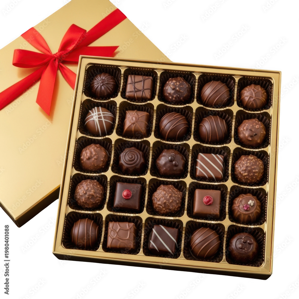 Obraz premium Assorted chocolates in a festive box tied with a red ribbon isolated on transparent background