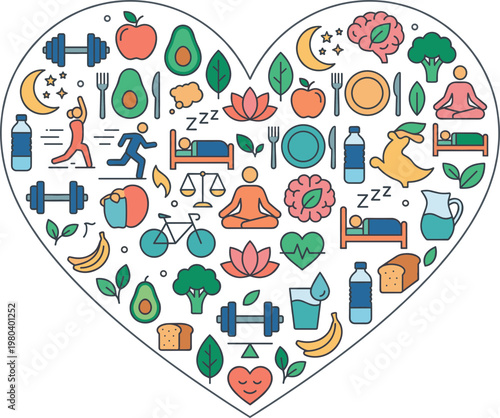 Heart full of health and wellness icons, representing a holistic lifestyle with balance, fitness, nutrition, sleep, and mindfulness for overall well-being
