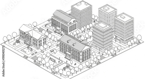 Architectural drawing of a modern city block with buildings and trees.