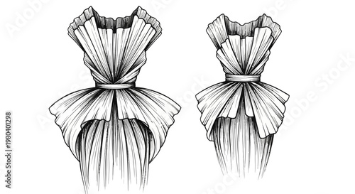Detailed Sketch of Two Elegant Dresses with Pleated Bodices and Flowing Skirts