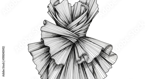 Artistic monochrome drawing highlighting sophisticated fabric draping and dynamic pleats, a refined illustration for fashion and textile concepts