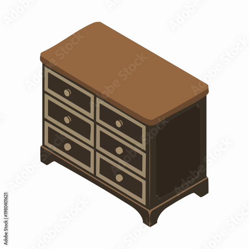 Brown wooden six drawer dresser furniture illustration