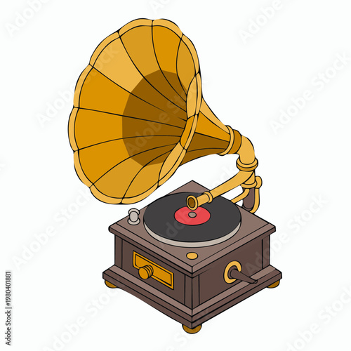 Vintage cartoon gramophone illustration with horn and record