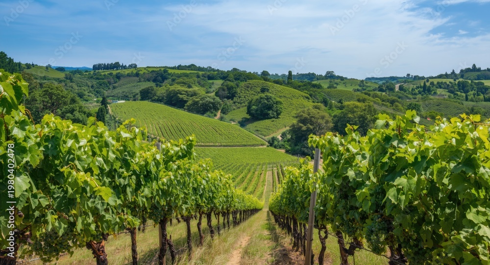 Naklejka premium Vineyard-covered hills with rich greenery and ripe grapes