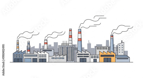 Industrial factory complex with smoking chimneys and buildings.