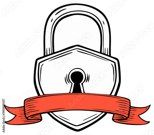 Vintage Style Lock and Shield Emblem with a Blank Ribbon Banner for Text