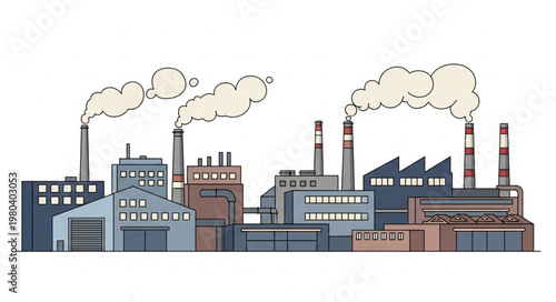 Industrial factory complex with smoking chimneys illustration.