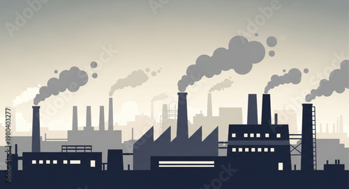 Industrial factory silhouette with smoke stacks emitting pollution.
