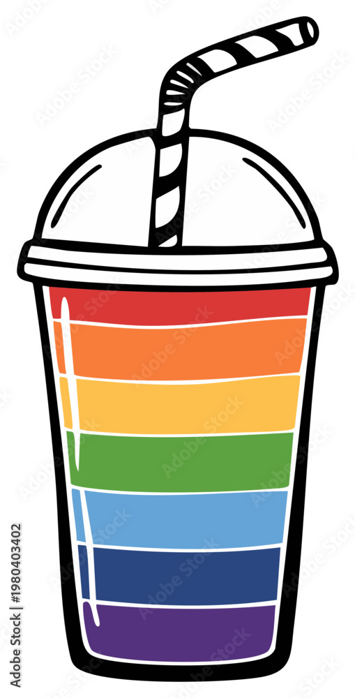 Obraz premium Colorful rainbow striped drink in a clear plastic cup with a straw and lid