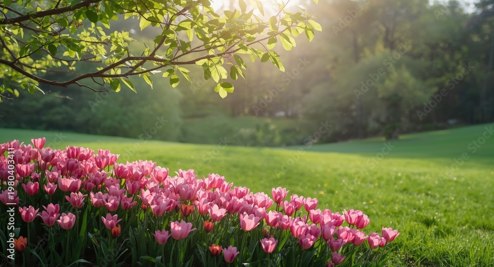 Fototapeta premium Lush spring flowers thriving in the natural park with warm morning sunlight