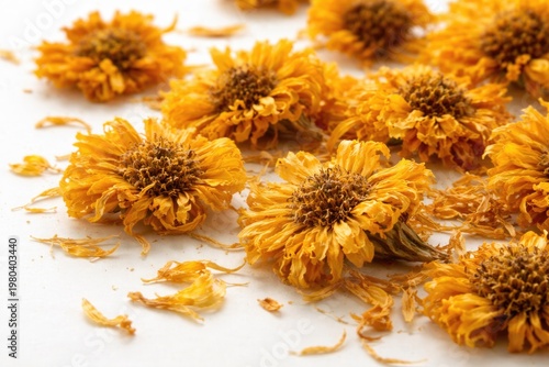 Close up view of dried marigold flowers with vibrant yellow petals on a white backdrop