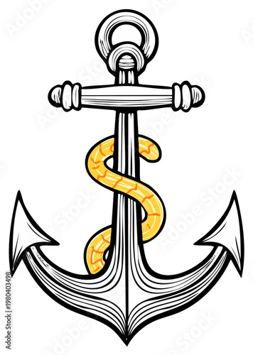 Hand Drawn Nautical Anchor with Rope Graphic for Maritime Theme and Tattoo Design
