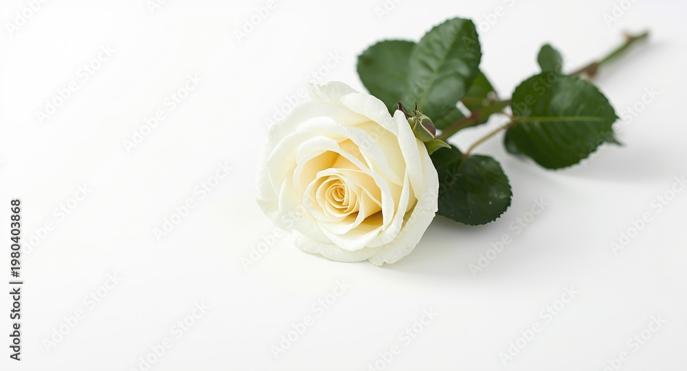 Fototapeta premium White rose flower placed on a high key white surface with subtle depth
