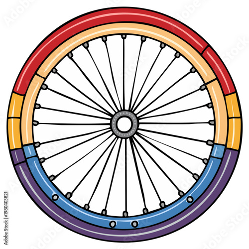 Vibrant rainbow bicycle wheel illustration with colorful segmented rim and spokes