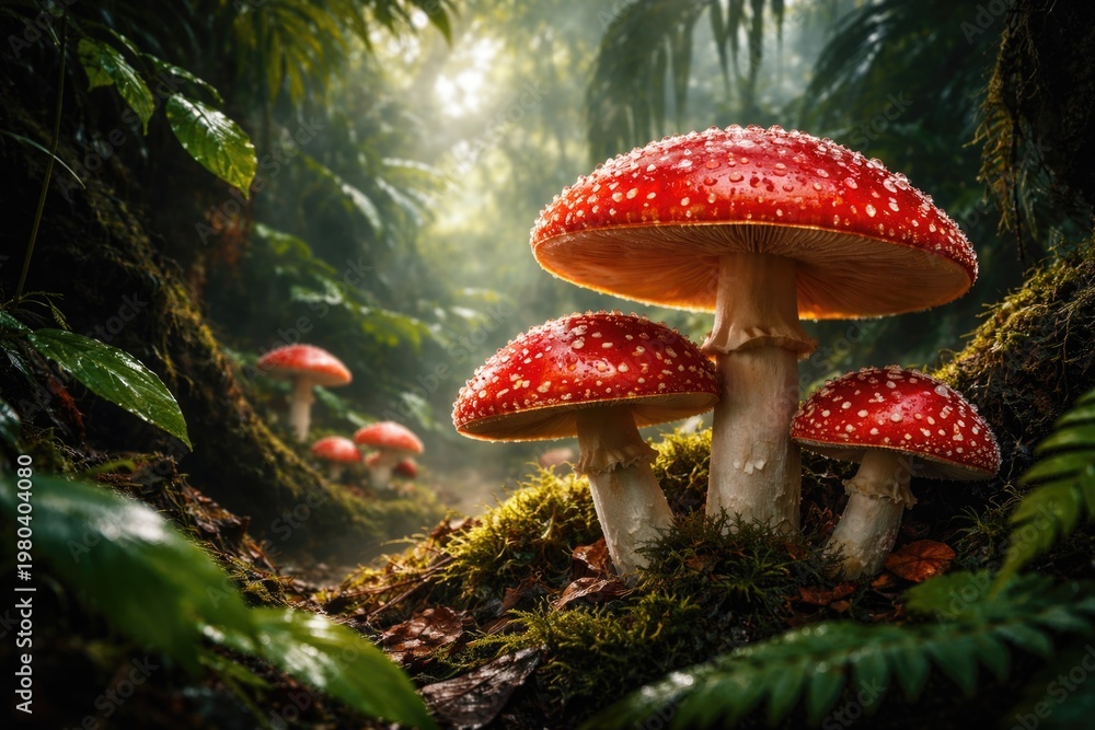 Fototapeta premium Red Fly Agaric Mushrooms Growing in a Lush Jungle Setting