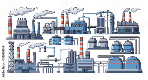 Industrial Factory Buildings with Smokestacks and Pipelines.
