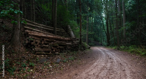Stacked wooden logs beside ...