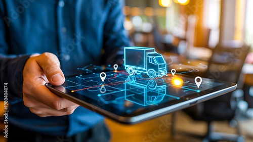 Person using tablet with digital logistics icons representing smart delivery tracking and supply chain technology